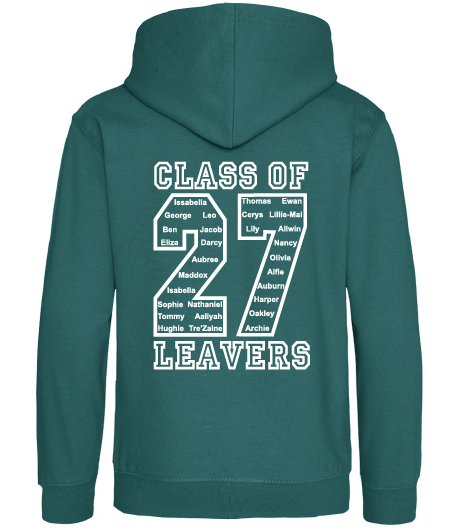 Swillington Primary School Year 6 Leavers Hoodie embroidered with the Swillington logo with names within the '27' printed on the back